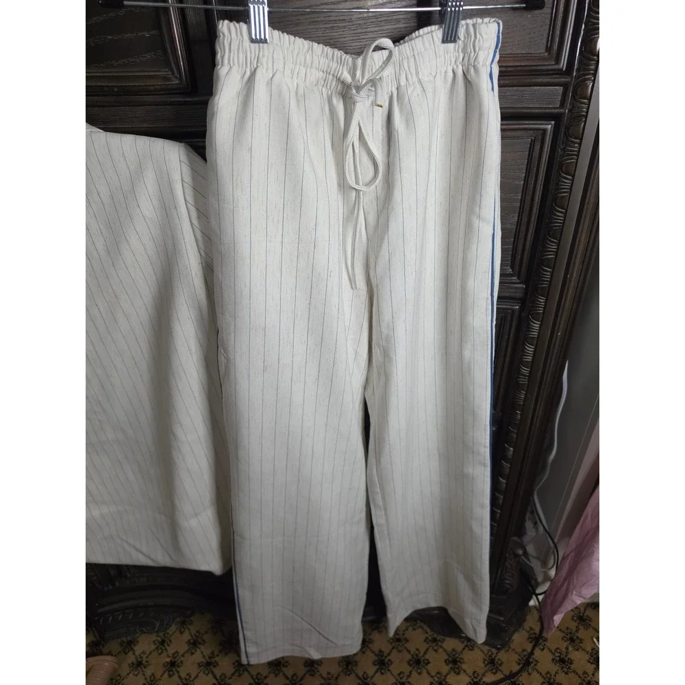 Divina Moda Womens Pinstripe Pant Suit Set Cream Blue Blazer Trousers Small